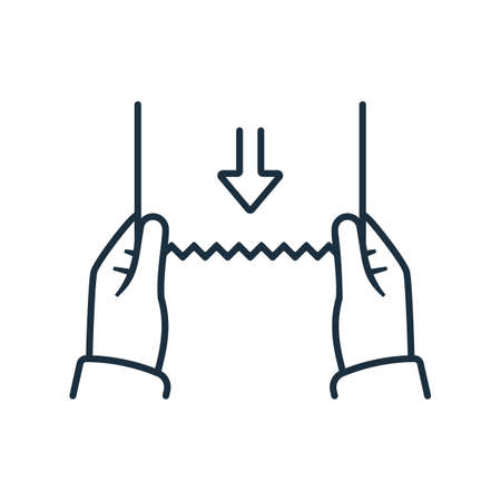 Paper towel in hand. Black line sign. Napkin in public toilet. Dispenser roll. Man takes paper towel. Vector illustration cartoon style. Isolated on background.のイラスト素材