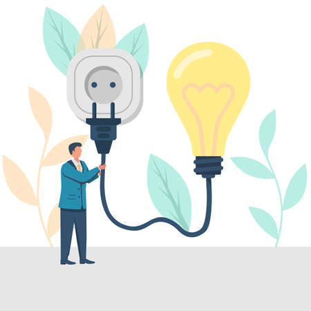 Connect idea. Businessman holding lightbulb, cord electrical plug connected to power outlet. Plug in to wall socket. Business solution. Vector illustration flat design. Isolated on background.のイラスト素材