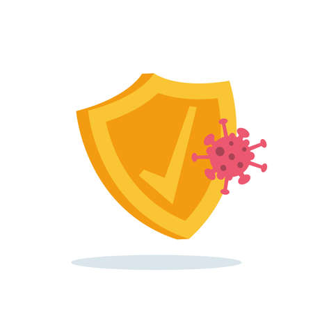 Coronavirus protection. Coronavirus shield. The bacterium collided with the defenses. Vector illustration flat design. Isolated on white background.のイラスト素材