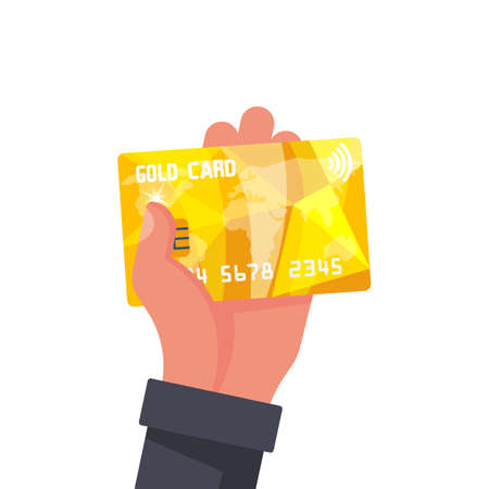 Golden credit card holding in hand. Vip card. Vector illustration, flat design style. Yellow icon isolated on white background. Sign paying. Money on plastic. Payment purchase by credit card.のイラスト素材