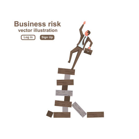 Business risk concept. Businessman pulls out the wooden block, risking to break stack. Vector illustration flat design. Landing business page.のイラスト素材