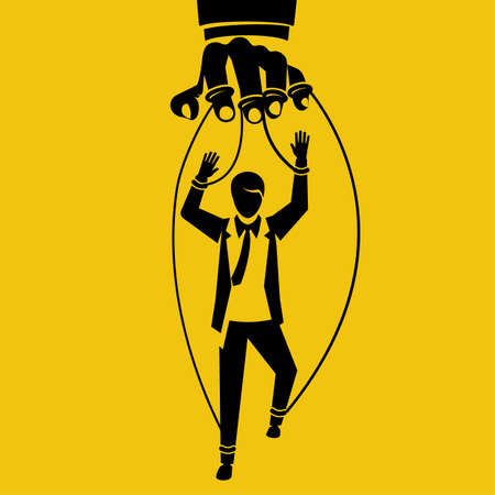 Manipulation concept black icon. Worker on ropes. Silhouette abuse of power. Vector illustration flat cartoon. Hand of puppeteer holding a little businessman on a leash. Control workers.のイラスト素材