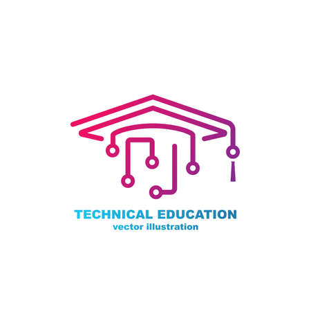 Technical education logo. Graduate cap and processor circuit. Electronic training. Simple line colored sign. Vector illustration flat design. Isolated on white background.のイラスト素材
