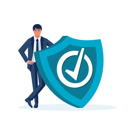 Businessman with shield. Attack protection concept. Flat vector illustration concept. Insurance agent with a shield concept. Defender security business metaphor.のイラスト素材