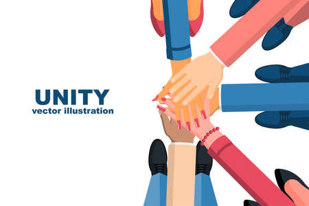 Unity concept. Top view of a group of young business people, holding hands together. Unity and teamwork. Vector illustration flat design. Isolated on white background.のイラスト素材