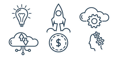 Blacl line business icon for web site. Concept smarter. Vector illustration flat design. Isolated on white background. Startup idea cloud money upload and brainstorming process.のイラスト素材