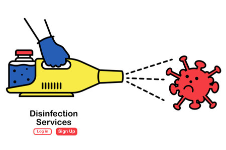 Disinfection services concept black line icon. Prevention controlling epidemic of coronavirus covid-2019. Worker in chemical protection disinfects. Vector illustration flat design. Cleaner in hand.のイラスト素材