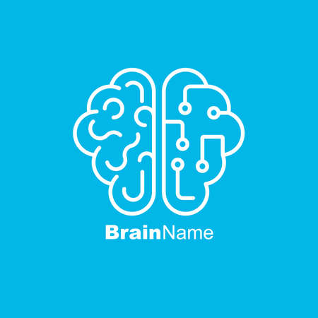 Technical brain. Half of the brain as an electrical board. White line icon isolated on blue background. Vector illustration flat design. Idea and creativity symbol.のイラスト素材