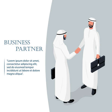 Handshake of two Arab businessmen. Landing page business people deal. Political meeting. Isometric 3D design. Vector illustration. Deal agreement. Shake hand.のイラスト素材