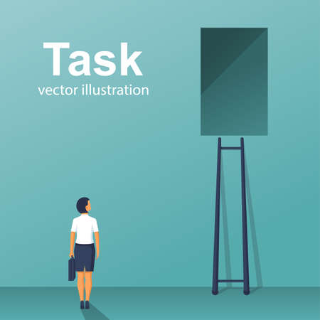 Task concept. Businesswoman is standing in front of wall with window at top. Vector illustration flat design. Isolated on white background. Problem solving. Overcoming obstacles.のイラスト素材