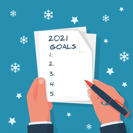 2021 new year goal. Man holds a sheet in hand with a plan for next year. Business motivation with text plan action in notepad. Vector flat design. Isolated on background white stars and snowflakes.のイラスト素材
