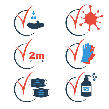 Set black icon checkmark protection and disinfection. Hand cleaning and disinfection symbol from bacteria and viruses. Black silhouette glyph design. Precaution icon. Coronavirus Prevention covid-19.のイラスト素材