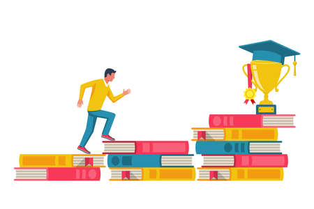 Education concept. A student climbs the steps of books to the top with a cup and a graduate cap. Vector illustration flat design. Isolated on white background.のイラスト素材