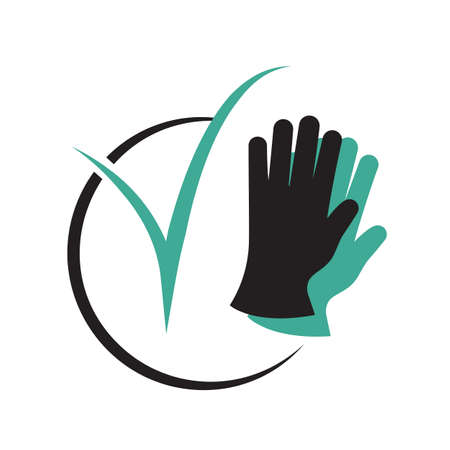 Protective gloves and checkmark icon as a symbol of bacterial safety. Black silhouette icon. Vector illustration glyph design. Protection viruses and bacteria. Precaution icon.のイラスト素材