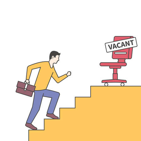 Vacant concept. Businessman looking for new job. Vector flat design. Career position. Climbing the career ladder to a vacant offer. Office empty chair as symbol of an recruiting to work. Hiring staff.のイラスト素材