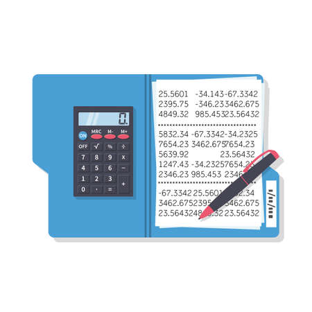Calculation concept. Folder for calculations with financial data, calculator and pen. Vector flat design. Isolated on background. Statistics, counting profit, income, taxes, data analytics report.のイラスト素材