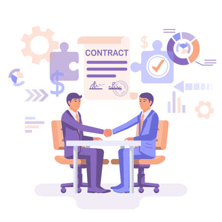 Two businessmen sitting at table shake hands after signing contract. Signature contract with stamp. Agreement of people to work together. Vector flat design. Partnership concept. Meeting cooperation.のイラスト素材