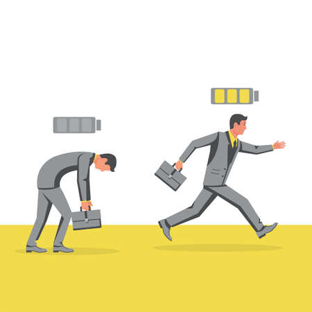 A weak person and a businessman full of energy. Running and sleeping man. Energy and tired. Vector illustration flat design. Isolated on white background.のイラスト素材