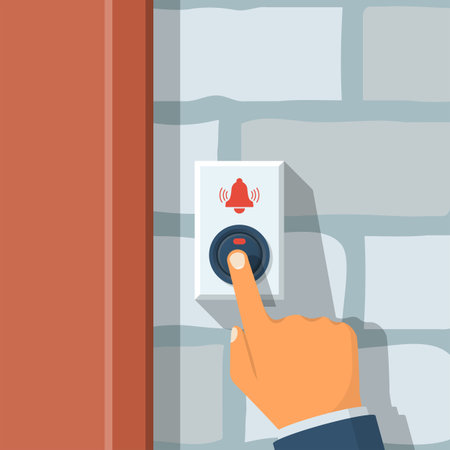 Man presses the doorbell button. Call button on a brick wall. Vector illustration flat design....