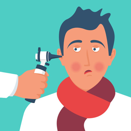 The doctor looks at the otoscope vector.のイラスト素材