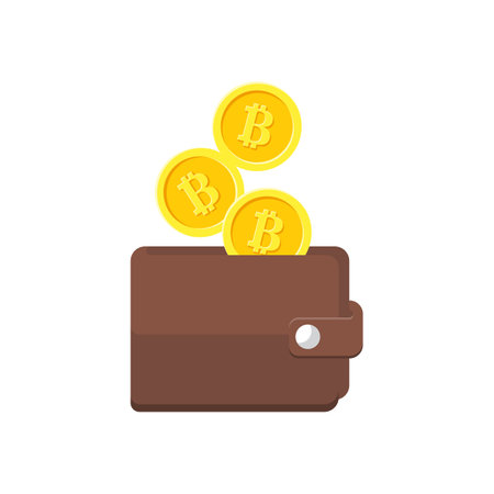 Bitcoin wallet. Modern earnings and savings. Electronic money is issued in a leather wallet. Vector illustration flat design. Isolated on white background.のイラスト素材