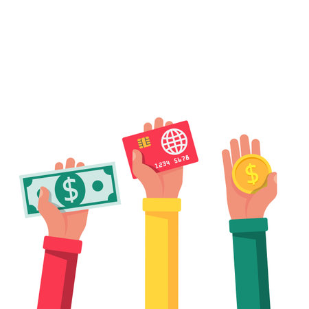 Money in hand. Cash in human. Showing, pay, giving banknote, card and coin. Money hold isolated on white background. Vector illustration flat design. Template for financial projects.のイラスト素材