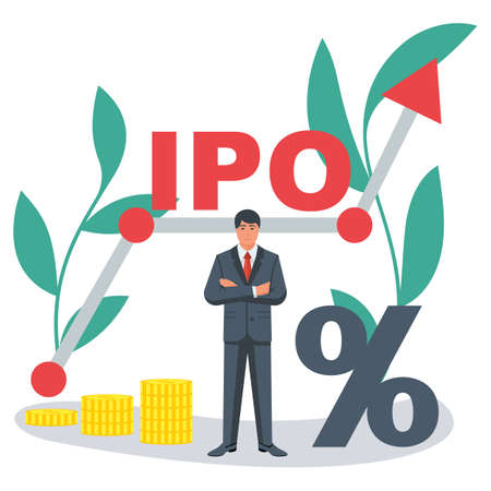 IPO concept. Businessman on the background of a successful rising graphのイラスト素材