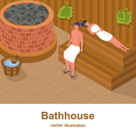 Bathhouse. A woman and a man take a steam bath and relax in a bath, sauna.のイラスト素材