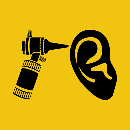 Ear treatment. Landing page, medical clinic template. Black ear template and otoscope. Otolaryngology pictogram. Diagnostic equipment. Vector illustration flat design. Ears problem.のイラスト素材