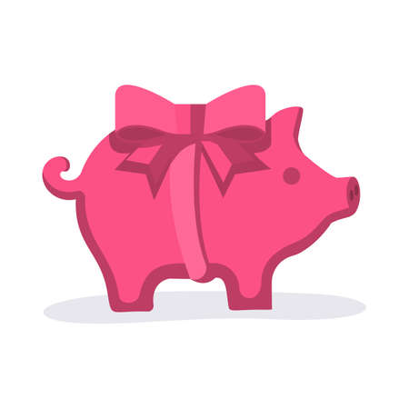 Piggy bank as a gift. Pink piggy bank with gift bow and ribbon. Vector illustration flat design.のイラスト素材