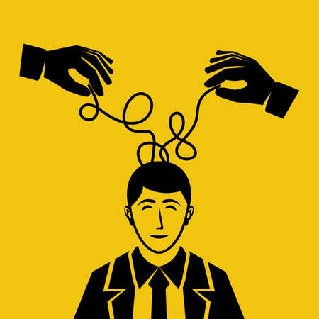 Psychotherapy concept. The therapist's hands unravel the strings of sad businessman. Depressive state. Confused thread. Vector illustration flat design. Isolated black icon on background.のイラスト素材