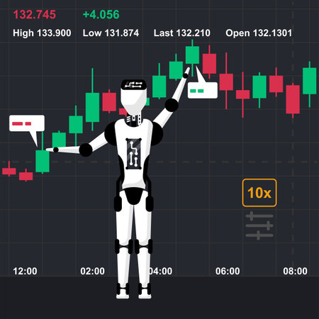 Robot tradings. Stock exchange robot. Business trading concept. Forex market. AI technologies in business and stock market. Artificial Intelligence. Vector illustration flat design.のイラスト素材