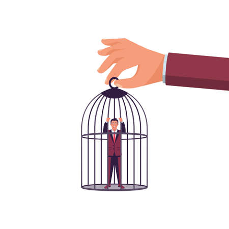 Trap concept. The businessman is caught and enslaved. Man in captivity, dependence on leadership. Vector illustration flat design. Isolated on white background. A man in a cage, sit behind bars.のイラスト素材