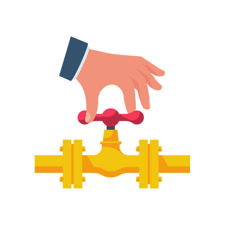 Open valve gas. Flow control. Vector illustration flat design. Isolated on white background. Oil and gas operations. Hand opening the tap on the yellow pipe.のイラスト素材
