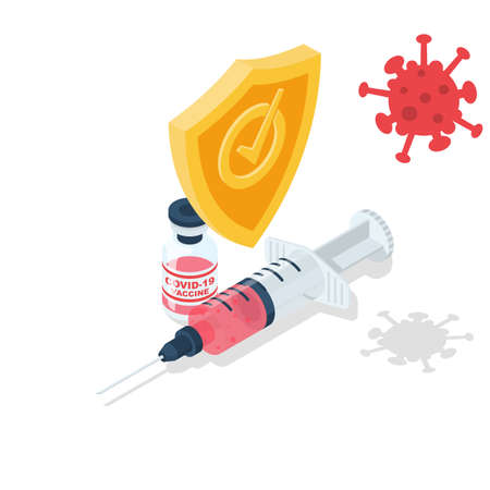 Vaccine coronavirus concept. Syringe with an ampoule under the security shield. Medicine in bottle. Injection from viruses COVID-19. Laboratory sample in glass tube. Vector isometric 3d design.のイラスト素材