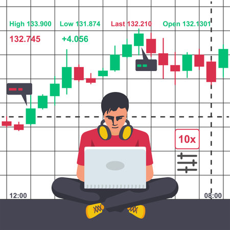 Young modern man with laptop trades on financial stock exchange. Tradings concept. Stock exchange. Forex market. Vector illustration flat design.のイラスト素材