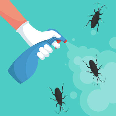 Pest control banner concept. Man exterminator holds a sprayer in hands spraying pesticide. Destruction bug. Service to protect the house. Vector illustration flat design. Isolated on white background.のイラスト素材