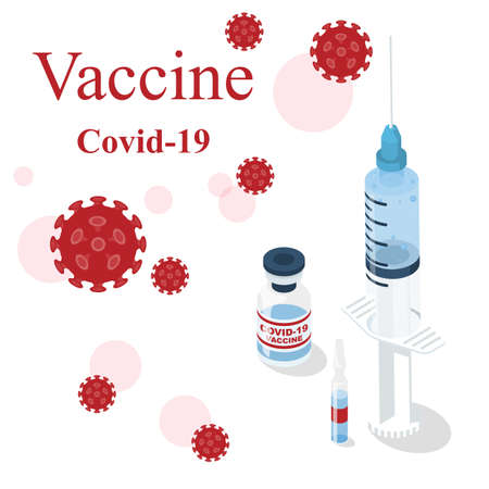 COVID-19 vaccine concept. Medical syringe with a vaccine against coronavirus infection Covid 19. Vial and ampoule with a medicine from the virus. Vector illustration.のイラスト素材
