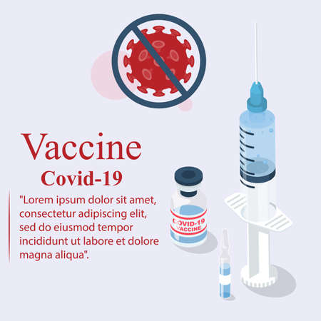 COVID-19 vaccine concept. Medical syringe with a vaccine against coronavirus infection Covid 19. Vial and ampoule with a medicine from the virus. Vector illustration.のイラスト素材