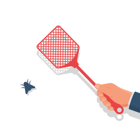 Red fluff in man hands. Kill flies. Carton icon. Vector illustration flat design. Isolated on white background. Homemade manual equipment to get rid of insects.のイラスト素材