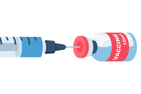 Vaccination and immunization. Syringe and ampoule close-up. Hands in gloves. Doctor makes a vaccine. Vector illustration flat design. Isolated on white background.のイラスト素材