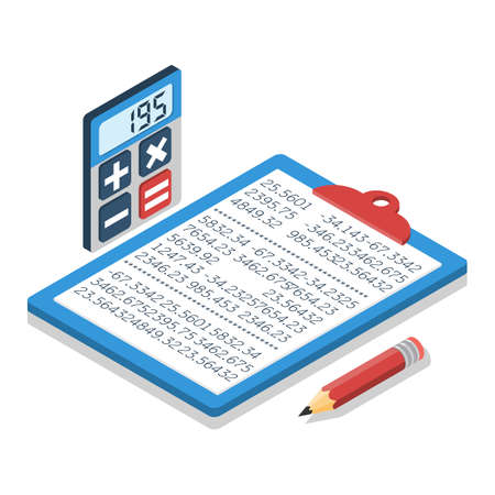Calculation concept. Folder for calculations with financial data, calculator and pen. Vector isometric design. Isolated on background. Statistics, counting profit, income, taxes, data analytics reportのイラスト素材