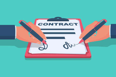 Two businessman signs contract partner. Legal paper document with signature, stamp. Icon handshake on white sheet. Vector illustration flat design. Symbol of successful cooperation. Business concept.のイラスト素材