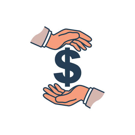 Protection money. Man holding hands over the money to protect. Concept of a safe and secure investment, insurance. Vector illustration flat line design.のイラスト素材