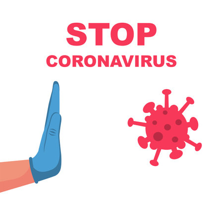Stop coronavirus concept. Hand gesture repulsion microbe 2019-ncov. Vector illustration flat design. Symbol of stopping the disease. Coronavirus pandemic outbreak.のイラスト素材