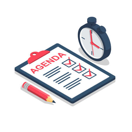 Clipboard agenda. Monitoring time stopwatch. Pencil for report. Vector illustration isometric design. Isolated on background. White sheets with marks.のイラスト素材