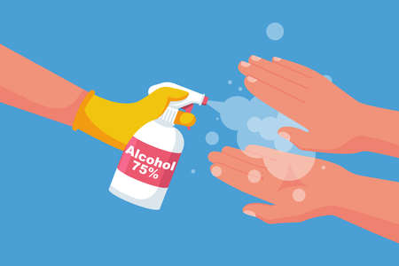 Antibacterial spray for hand disinfection. Man holds bottle of antiseptic. Disinfectant concept. Vector illustration flat design. Preventive coronavirus Covid-19. Personal hygiene. Washing alcohol.のイラスト素材