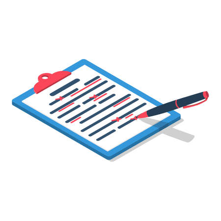 Editing documents to correct errors. Proofreader checks transcription written text. Clipboard and red pen. Spell check. Vector illustration isometric design. Isolated white background.のイラスト素材