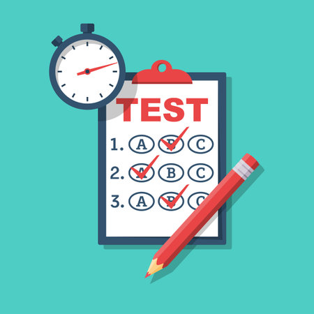 Test time concept. Clipboard with dough form, pencil, and stopwatch. Vector illustration, flat design. Filling, writing tests. Exam on time. Checklist, survey. Filling out forms.のイラスト素材