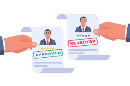 Participation. Approved resume. Reject resume. Stamp in the hands of a headhunter. Approved employment document and rejecting. Hiring concept. Vector illustration flat design.のイラスト素材